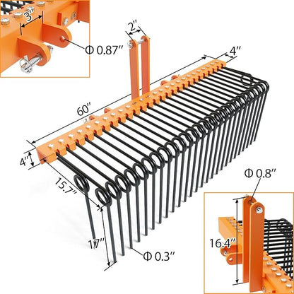 Garvee 60 Inch 3 Point Tractor Rake, Pine Straw Needle Rake | Steel Spring Landscape Rakes Durable Powder Coated Fit for Cat0,Cat1,Cat3 Tractors, Orange