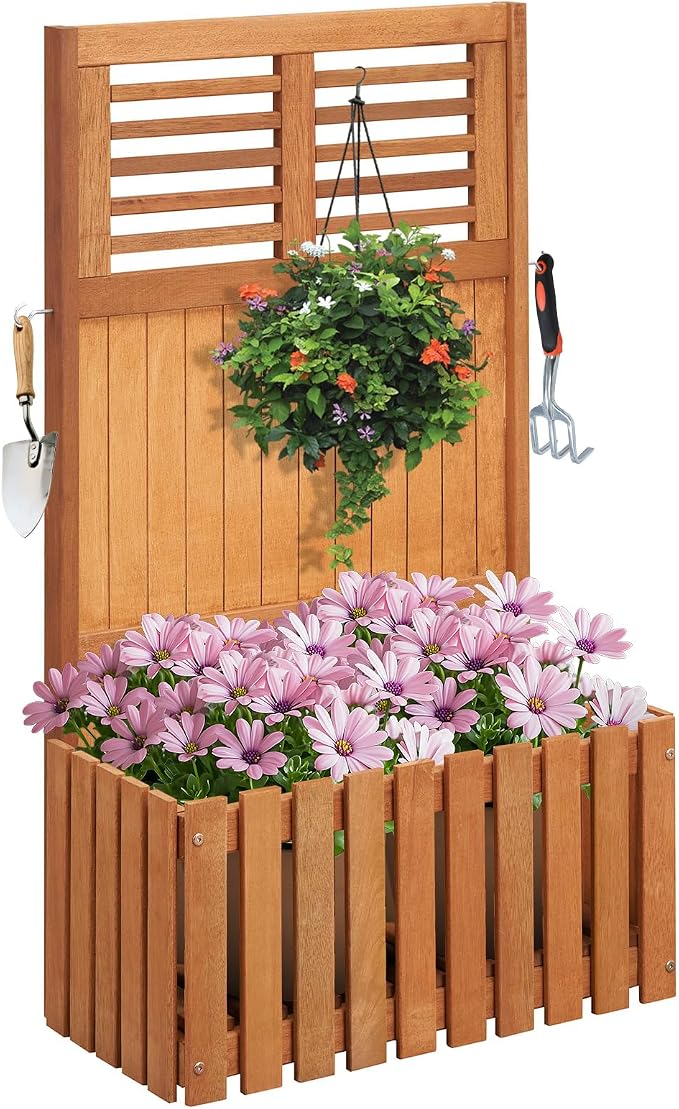 Giantex Raised Garden Bed with Trellis, 41” Wooden Potted Plant Box w/Privacy Screen, Trellis for Plant Flower Climbing Pot Hanging, Indoor & Outdoor Planter Box for Yard, Garden, Balcony