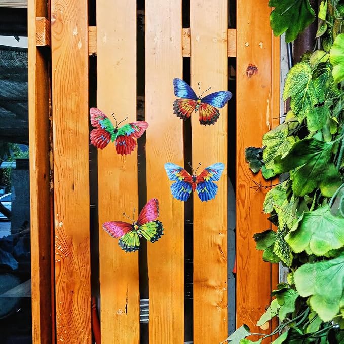 dreamskip 4 Pack Metal Butterfly Wall Decor Art, Colorful Butterflies Outdoor Wall Art, Hand Craft for Garden, Fence, Patio, Yard, Living Room, Bedroom