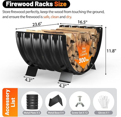Metal Firewood Rack Outdoor Beside Fire Pit/Steel Logs Storage Indoor by Fireplace-with Metal Legs,Rustproof,Durable & Stylish Firewood Holder (Sector, 24 Inches Diameter)