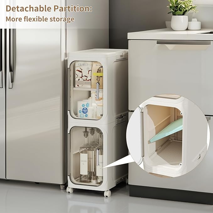 LXLXXL 5-Tier Narrow Storage Cabinet Slim Bathroom Storage Cabinet with Movable Wheels Tall Bathroom Organizer Skinny Cabinet for Small Spaces，Beige