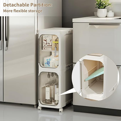LXLXXL 5-Tier Narrow Storage Cabinet Slim Bathroom Storage Cabinet with Movable Wheels Tall Bathroom Organizer Skinny Cabinet for Small Spaces，Beige