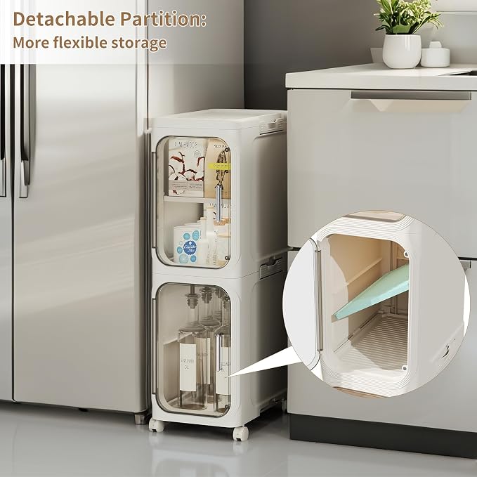 LXLXXL 4-Tier Narrow Storage Cabinet Slim Bathroom Storage Cabinet with Movable Wheels Tall Bathroom Organizer Skinny Cabinet for Small Spaces，Beige