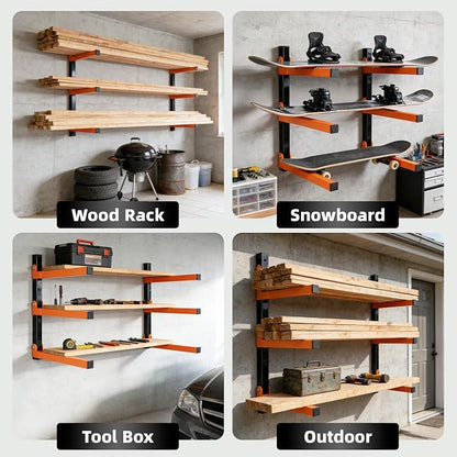 Lumber Storage Rack Wall Mounted 2 Pack, Wood Organizer with 3-Level Holds Up to 660LBS, Heavy Duty Folding Metal Garage Organizer for Indoor and Outdoor, Orange
