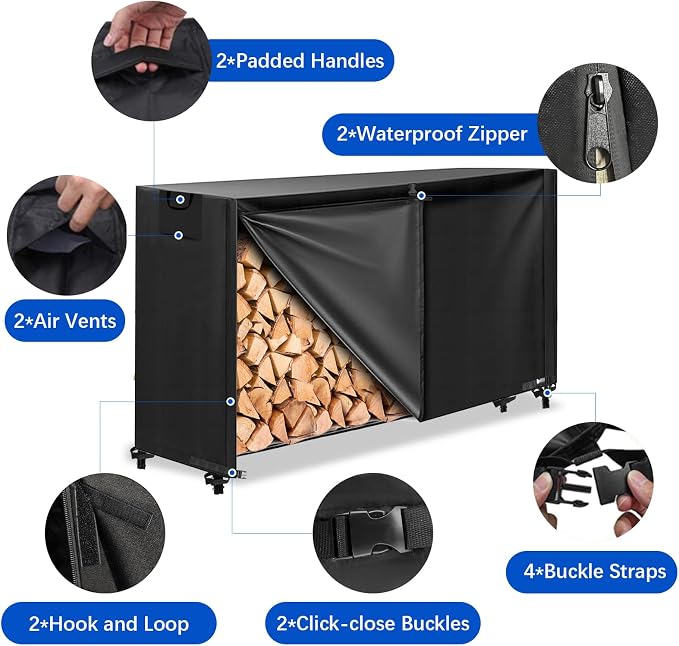 KALINCO 6FT Firewood Rack Cover, Heavy Duty 600D Waterproof Outdoor Firewood Storage Cover with Zipper and Hook Loop Tape (Log Rack not Included)