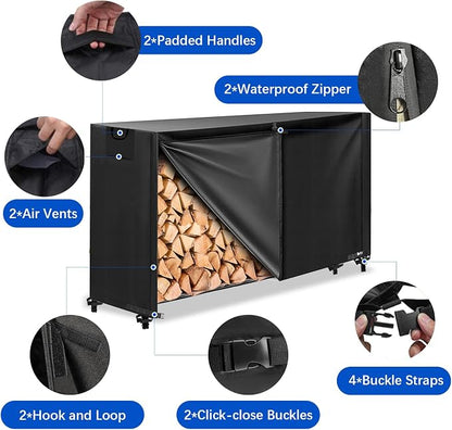 KALINCO 6FT Firewood Rack Cover, Heavy Duty 600D Waterproof Outdoor Firewood Storage Cover with Zipper and Hook Loop Tape (Log Rack not Included)