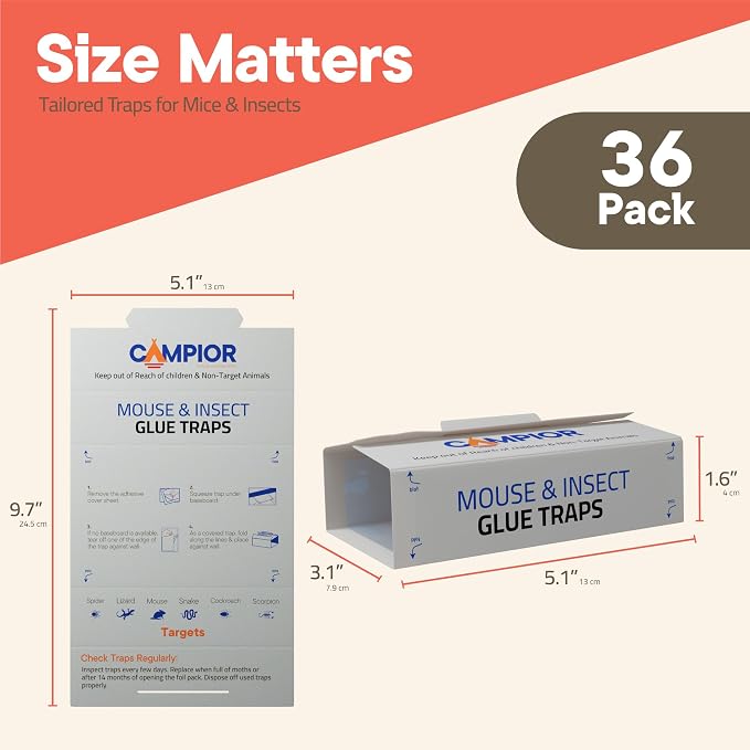 Campior Glue Traps [36 Pack] Pre-Baited Mouse Traps - Ultra-Adhesive Glue Boards for Rodents/Mice, Rats/Snakes/Lizards/Insects - Safe Non-Toxic Sticky Mouse Traps Indoors for Home Office, Garage.