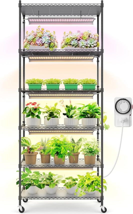CX2 Plant Stand with Grow Lights for Indoor Plants, 6-Tier Metal Plant Shelf Display Rack with 2FT 150W Full Spectrum Plant Light, 3 Adjustable Spectrum, Timer, for Growing, 29.5x13.8x71IN