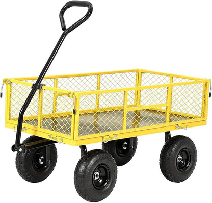 900 Lbs Heavy Duty Steel Garden Cart, Garden Wagon Cart on Wheels, Outdoor Metal Yard Utility Wagon Carts with and Mesh Removable Sides and 180°Rotating Handle,Red