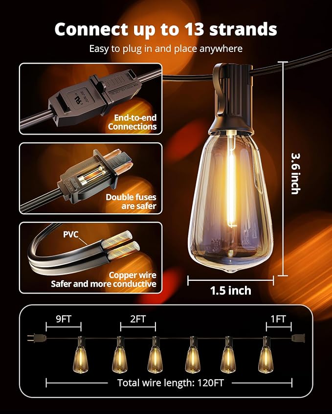 Outdoor String Lights 120FT, Outdoor Party Light with 58 Edison Lights Bulb | Patio Lights Outdoor Waterproof, LED Outside Hanging Light Connectable for Backyard, Porch, Garden, yard, Bistro, 2700K