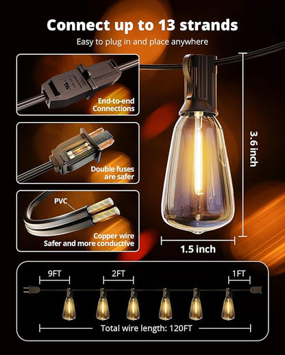 Outdoor String Lights 120FT, Outdoor Party Light with 58 Edison Lights Bulb | Patio Lights Outdoor Waterproof, LED Outside Hanging Light Connectable for Backyard, Porch, Garden, yard, Bistro, 2700K