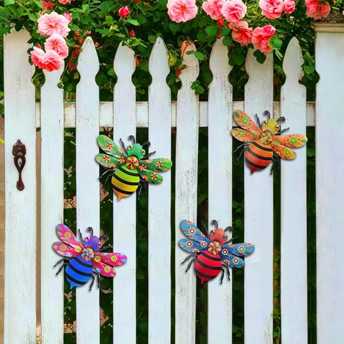 VOKPROOF Metal Bee Wall Art Decor, Outdoor Fence Decor for Patio Yard Garden, Hanging Decorations for Living Room, Bedroom(4 Pack)