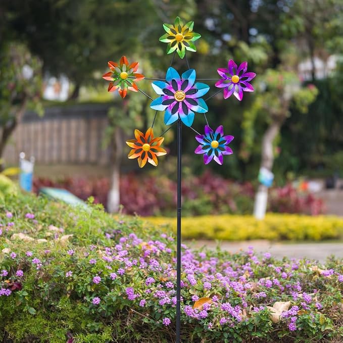 Stargarden Outdoor Kinetic Wind Spinner,Large Metal Wind Sculpture | Flower Metal Wind Spinners for Garden Yard Patio, 24.4"D*74"H