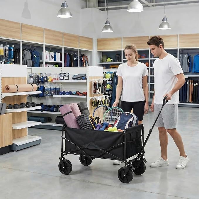DUMOS Collapsible Wagon Cart, Heavy Duty Foldable Utility Wagon with Lockable Brake Wheels – 330 lbs Capacity, Flexible Handle for Beach, Garden, Sports, Grocery & Camping, Black