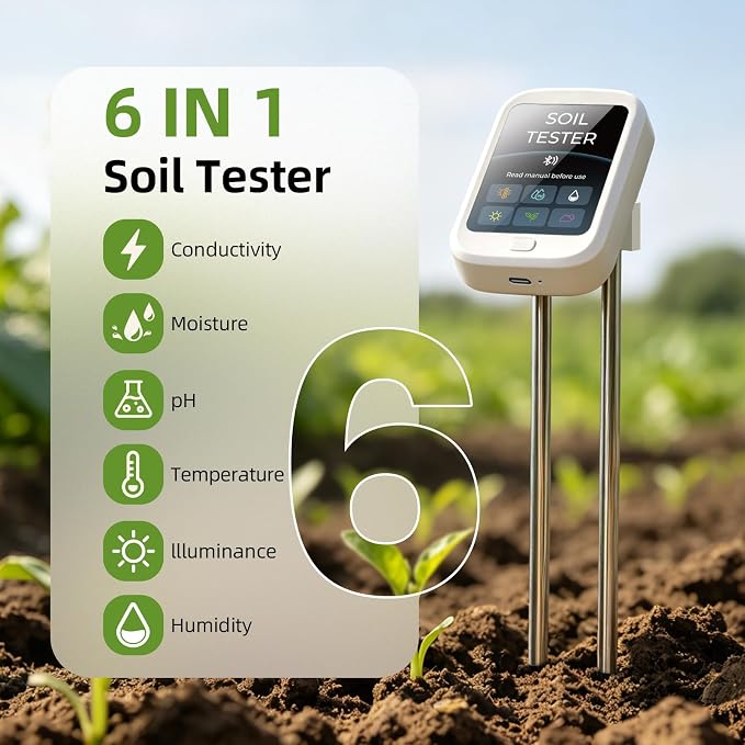 6-in-1 Soil Test Kit, pH/Humidity/Moisture/Temperature/Conductivity/Illuminance Soil Meter for Indoor & Outdoor, Soil Tester with Bluetooth Connectivity, Garden Tools for Plant Lover