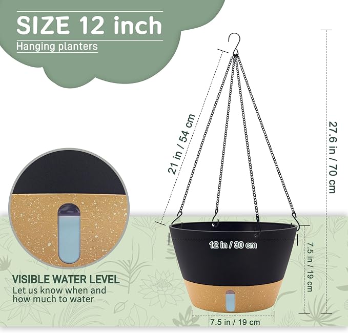 ZMTECH 3 Pack 12 Inch Hanging Planters for Indoor Plants, Large Self Watering Hanging Planter with Visible Water Level & Heavy Duty Chain, Dark Gray Outdoor Flower Pots
