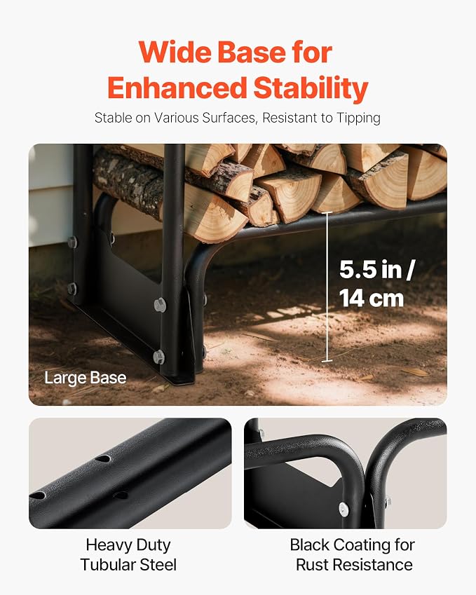 VEVOR Firewood Rack with Waterproof Cover, 8.4 ft Outdoor Firewood Holder, 1/2 Cord Storage Metal Log Holder, 660lb Max Weight Capacity, Top Covered, Powder-Coated Wood Storage Rack for Fireplace Deck