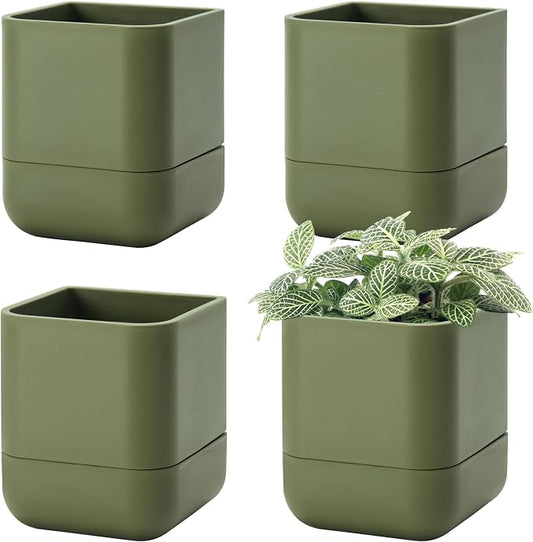 Phoenix Vine 4.5 Inch Wall Mounted Self-Watering Planter Pot for Indoor Houseplants and Herbs | Hanging Planter for Window Sills, Bathroom Walls, Home & Office Décor, Olive, Set of 4, 01-B-F-4
