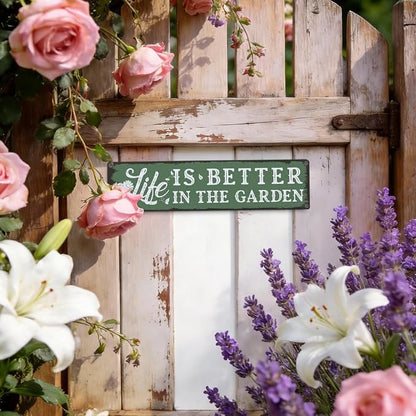 Garden Metal Tin Sign, Rustic Farmhouse Gardening Decor, Life Is Better in the Garden Quote Wall Decor, for Yard Fence Porch, Inspirational Outdoor Indoor Metal Sign, 15.7 x 3.9 Inches
