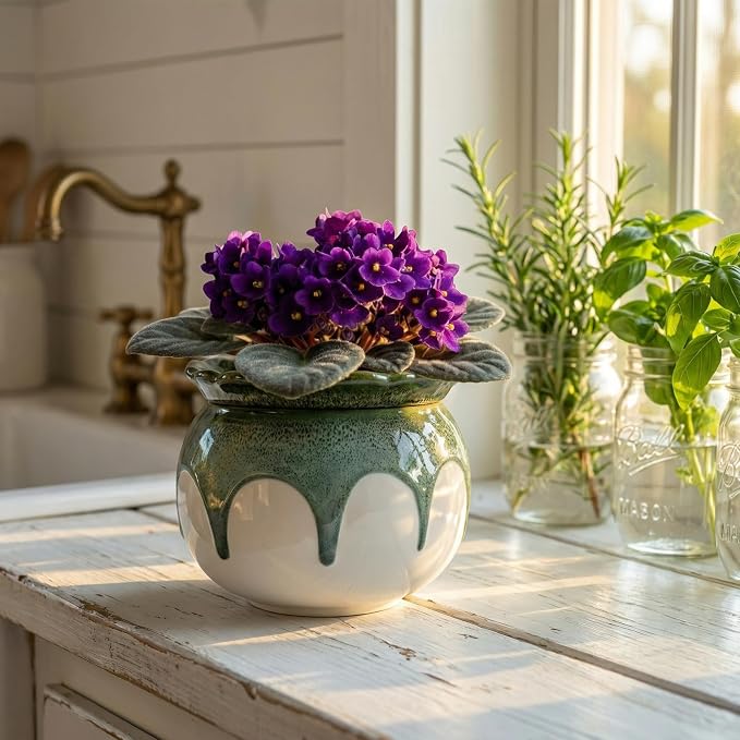 African Violet Pots, 6 Inch Self Watering Pots for Indoor Plants, Easy Plant Self Watering Planter, Ceramic Plant Pot with Absorbent Inner Pot for Flowers - Gradient Green (No Plants)