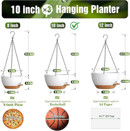10 Inch Self-Watering Hanging Planters Set of 3 with Saucers | Set of 3 10-inch self-watering hanging planters with extra growing space, side-fill ports, chain hangers & snap-on saucers