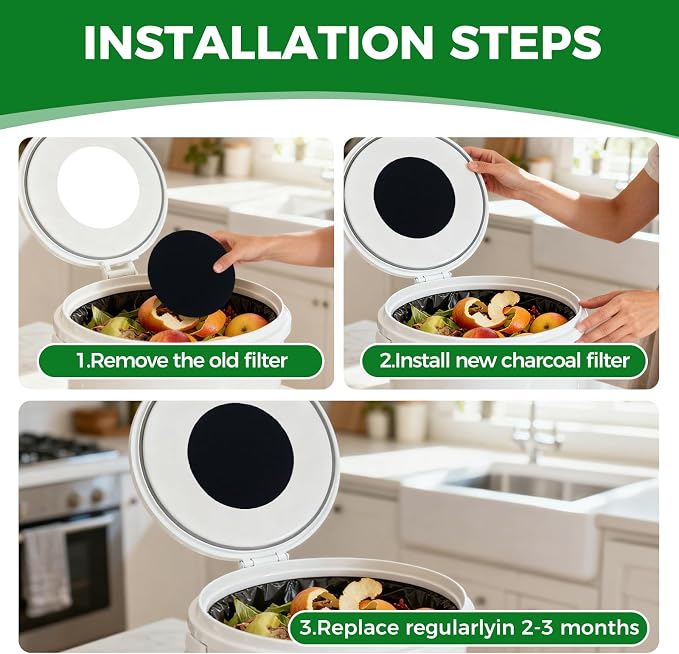 Compost Filters 12-Pack, 7.25 Inch Round Charcoal Filters with Sizing Template for Compost Bin Bucket Countertop Kitchen