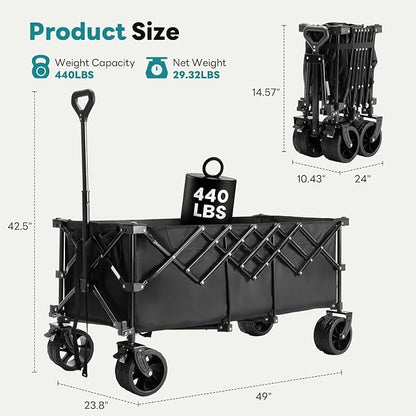 OLIXIS 49" Extra Long Folding Wagon Cart, 440LBS Heavy Duty Collapsible Wagon with Big All-Terrain Wheels, 250L Portable Outdoor Utility Cart for Shopping, Garden, Camping, Grocery, Sports - Black