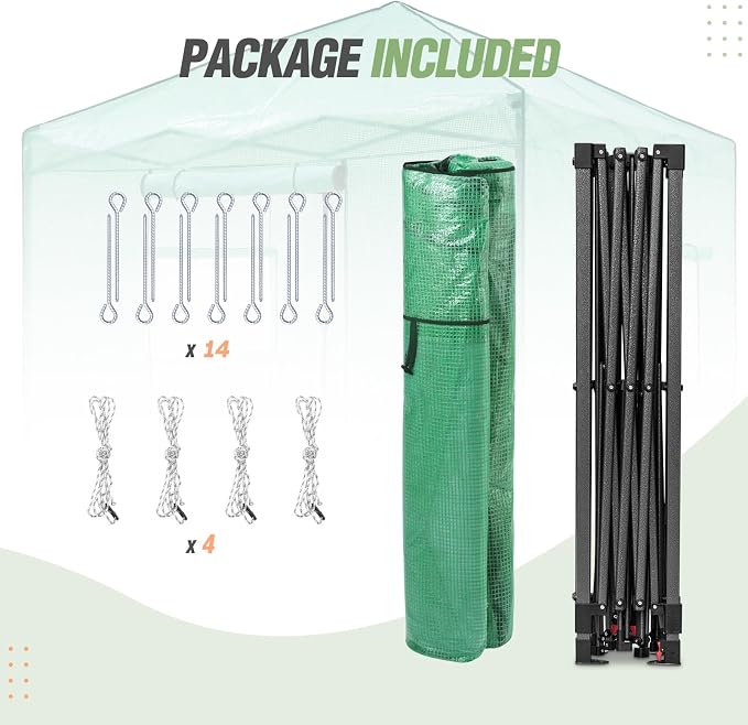 EAGLE PEAK 10x10 Portable Walk in Greenhouse, Pop Up Indoor Outdoor Greenhouse, Green House Kit with Zippered Roll-Up Doors and Windows, PE Cover, Clear/Green