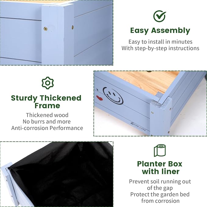 Raised Garden Bed for Kids - 30”L*18”W*13”H Elevated Wooden Planter Box Stand, Backyard, Patio, Balcony w/Bed Liner, 180lb Capacity (Blue)