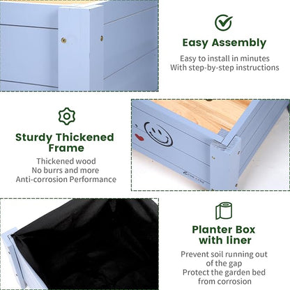 Raised Garden Bed for Kids - 30”L*18”W*13”H Elevated Wooden Planter Box Stand, Backyard, Patio, Balcony w/Bed Liner, 180lb Capacity (Blue)