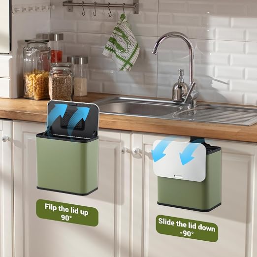 1.3 Gallon/5L Slim Stainless Steel Trash Can with Lid, Odor Control Charcoal Filter, Removable Bucket, Hanging/Wall Mounted/Standing Waste Bin for Kitchen, Bathroom, Bedroom, Office - Green