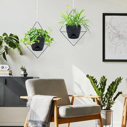 Koalaime Hanging Planters for Indoor Plants, 2 Set Self Watering Hanging Flower Pots, Modern Hanging Plant Baskets with Metal Plant Holder & 6.5 Inch Plastic Pots for Garden Home Decor (Black)