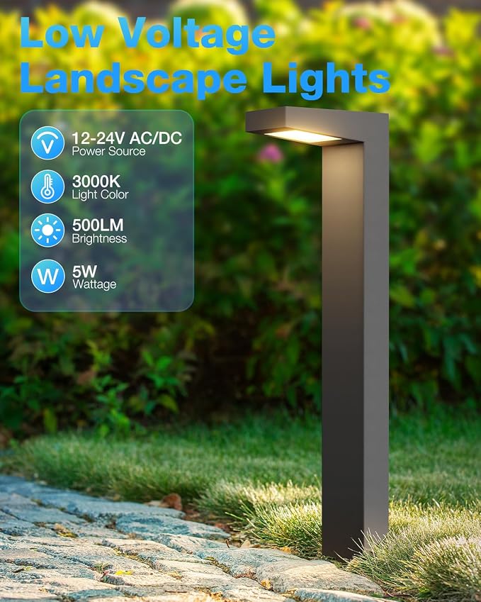 SUNVIE Low Voltage Pathway Lights Wired 3000K 5W LED Outdoor Landscape Lighting with Connectors Cast-Aluminum Waterproof Landscape Path Lights Low Voltage for Garden Walkway, 12-24V, AC/DC, 4 Pack