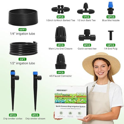 2026 Upgrade 230FT Quick-Connect Drip Irrigation System Kit with 1/4” & 1/2” Fast-Lock Tubing, Adjustable Emitters & Sprinklers for Garden & Greenhouse