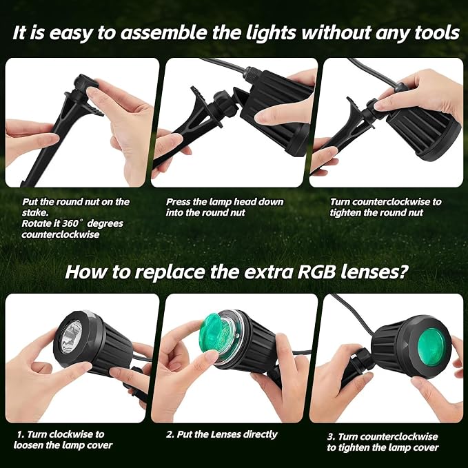 Spotlight Outdoor – 120V Plug-in, 2700K Warm White LED Landscape Spot Lights with RGB 3 Lenses for Yard, Garden, Lawn&Tree Decor, IP67 Waterproof, Perfect for Holidays&Everyday (4 Pack, Black)