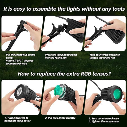 Spotlight Outdoor – 120V Plug-in, 2700K Warm White LED Landscape Spot Lights with RGB 3 Lenses for Yard, Garden, Lawn&Tree Decor, IP67 Waterproof, Perfect for Holidays&Everyday (4 Pack, Black)
