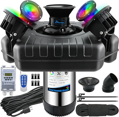 Pond Fountain Aerator with Lights, Large Fountain for Pond Lake Fish Farm | 750W 15000GPH 1HP 110V Fountain, Dynamic 4 RGB Lights, 10 Light Modes, Fully Automatic Stainless Steel Fountain, 100Ft Cord