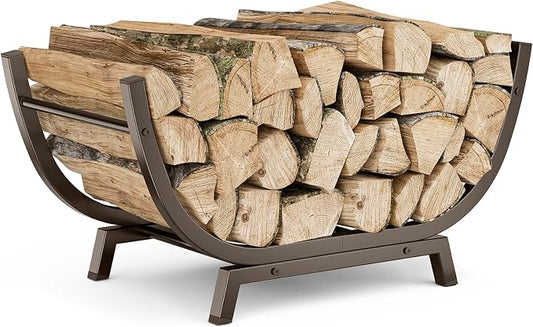 Firewood Rack - 25 inch Outdoor Indoor Metal Firewood Holder With Thickened Trapezoid Base-Double Coated Waterproof Rustproof Fireplace Firewood Stand, Bronze