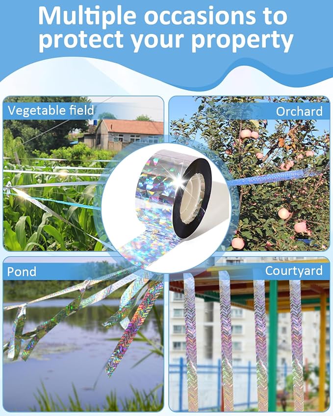 2×502 Ft Bird Scare Tape Ribbon, Double Sided Holographic Flash Reflective Bird Tape, Deterrent Visual Audible Bird Repellent Devices for Outdoor, Garden, Balcony (Regular)