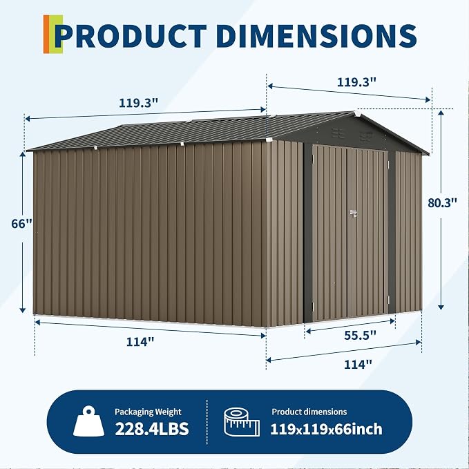 10 X 10 FT Outdoor Storage Shed,Metal Garden Sheds&Outdoor Storage, Lockable Gable Roof Garden Tool Shed, All-Weather Resistant Storage Unit for Bikes, Ladders, Patio Supplies & Garden Essentials