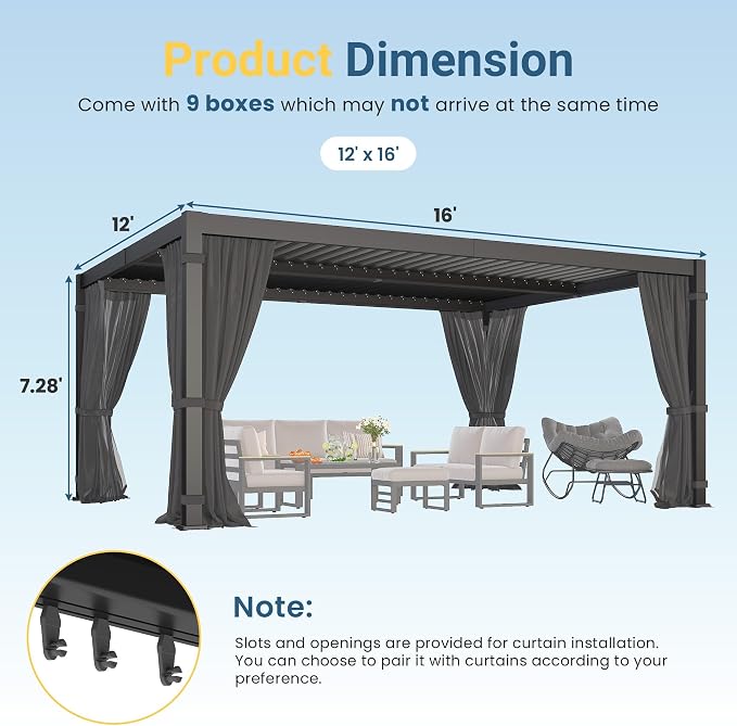 12' x 16' Louvered Pergola, Aluminum Frame Outdoor Pergola with Adjustable Louvered Roof, Curtains & Netting, Gutter System, Hardtop Patio Gazebo for Patio, Deck, Garden, Yard, Dark Gray