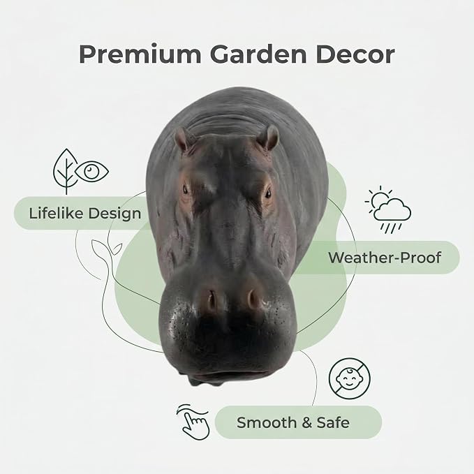 27.56" Large Weather Resistant Hippopotamus Garden Statue, Realistic Resin Hippo Wildlife Sculpture, Outdoor Decor for Lawn Yard Patio Pond Landscaping