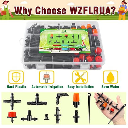 240-Piece Drip Irrigation Fittings Kit for 1/4" Tubing, Complete Set of Drip Barbed Connectors (Nozzle, Micro Dripper, Nozzle Tee, Single Barb, Coupling, Tee, Elbow, Plug, Cross, Stake)