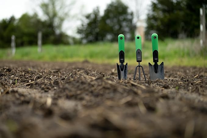 Hooyman Garden Tool Set Including Cultivator, Transplanter, and Trowel with Heavy Duty Steel Construction, No-Slip H-Grip Handles, and Blade Measurement Markings for Gardening, Weeding, and Outdoors