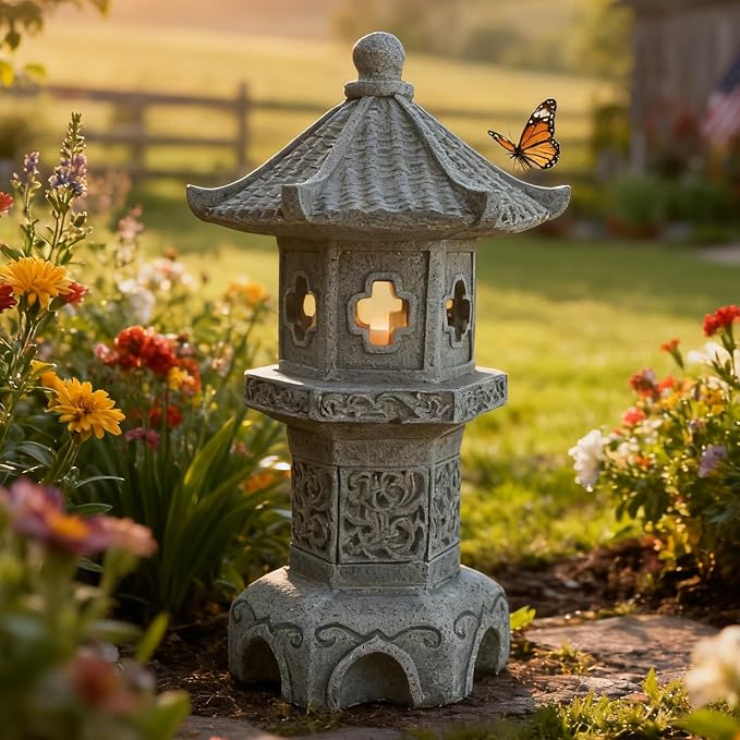 Zen Garden Pagoda Statue Solar Lantern Lights Outdoor Pathway Japanese Garden Decor for Backyard Patio Front Porch Zen Desk Yard Decoration Resin Asian Lantern Lawn Ornaments
