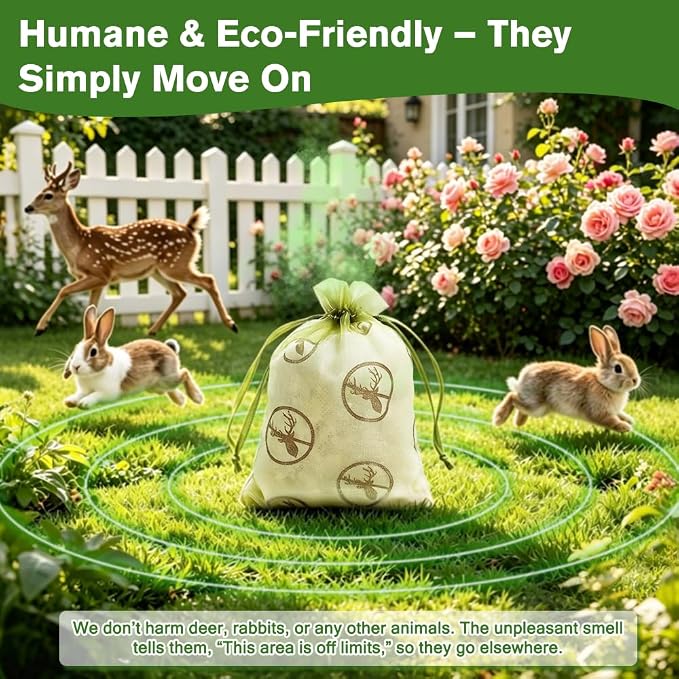 12 Pack Powerful Deer and Rabbit Repellent Pouches, Natural Rabbit Repellent Outdoor Use Safe for Kid & Pet, Effective Deer Away Deer Repellent for Plants, Garden, Yard, Lawn, Orchard & Vegetable Bed