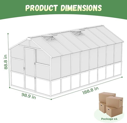 Jocoevol 8x16ft Outdoor Greenhouse, Wooden Frame Polycarbonate Greenhouse with Adjustable Roof Vents and Lockable Door Handle, Walk-in Greenhouse Perfect for Backyard and Garden