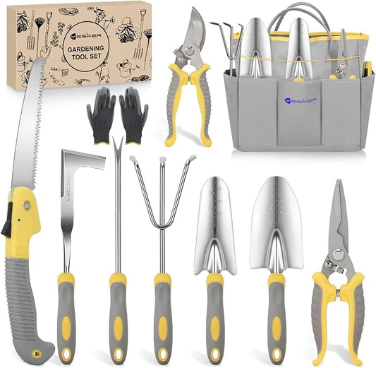 Yesker Gardening Tools 10-Piece Heavy Duty Garden Tool Set Gardening Supplies Gifts for Women Men Gardening Hand Tool Kit w Non-Slip Ergonomic Handle, Garden Bag, Durable Gloves, Pruning Shears, Gray