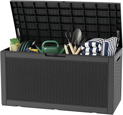 100 Gallon Deck Box, Waterproof Resin Rattan Outdoor Storage Box with Lockable Lid, Fade Resistant Patio Storage Box for Garden Tools, Pool Accessories, Outdoor Cushions, Black