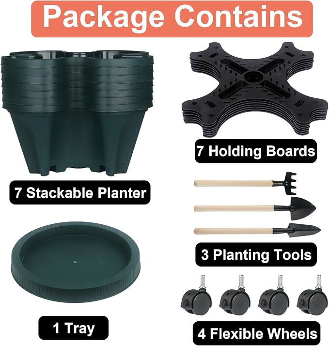 GameXcel Vertical Planter Tower - 7 Tier Stackable Garden Planters with Wheels and Tools Plant Pots for Strawberry Herb Flower and Vegetable Indoor Outdoor Use Green
